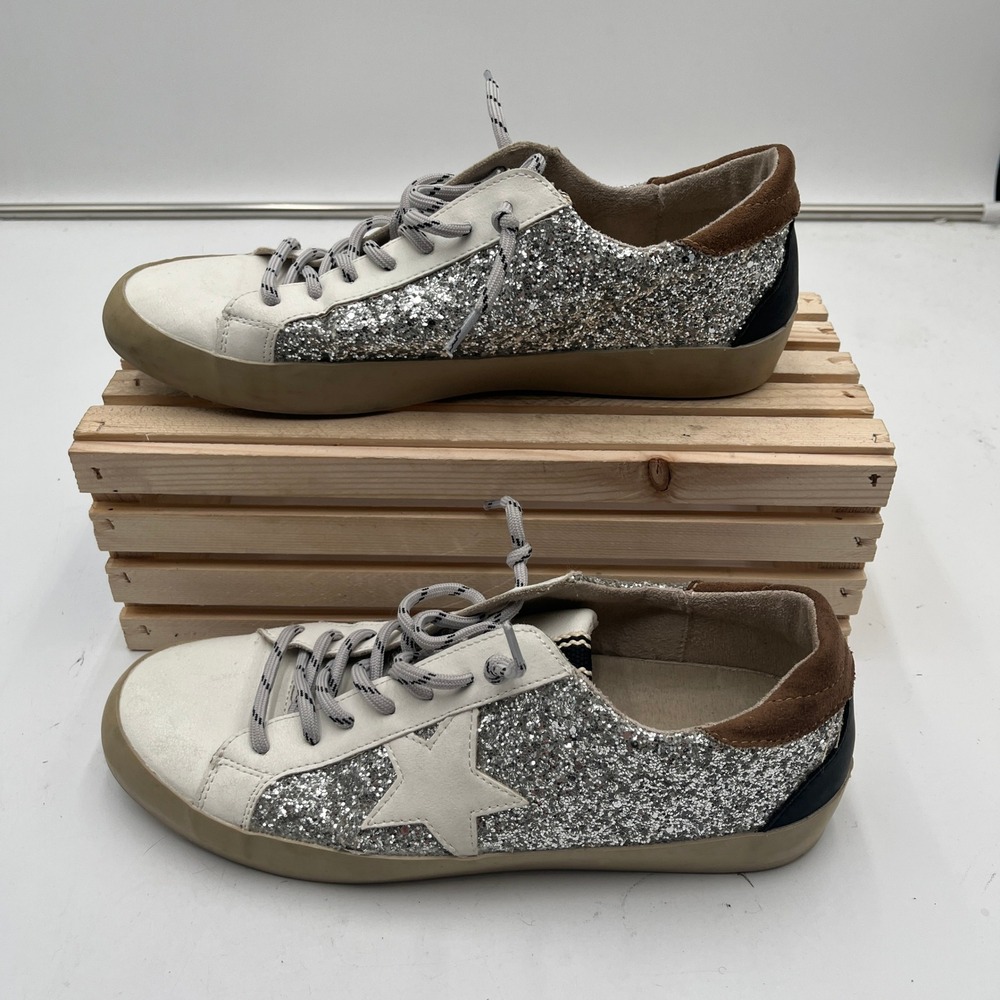 Shu Shop Sneakers Paula Silver Glitter Star Low Top Silver Women Size 8.5